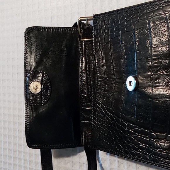 Vintage Croc Embossed Black Leather Shoulder Bag Made in Italy - Picture 3 of 13